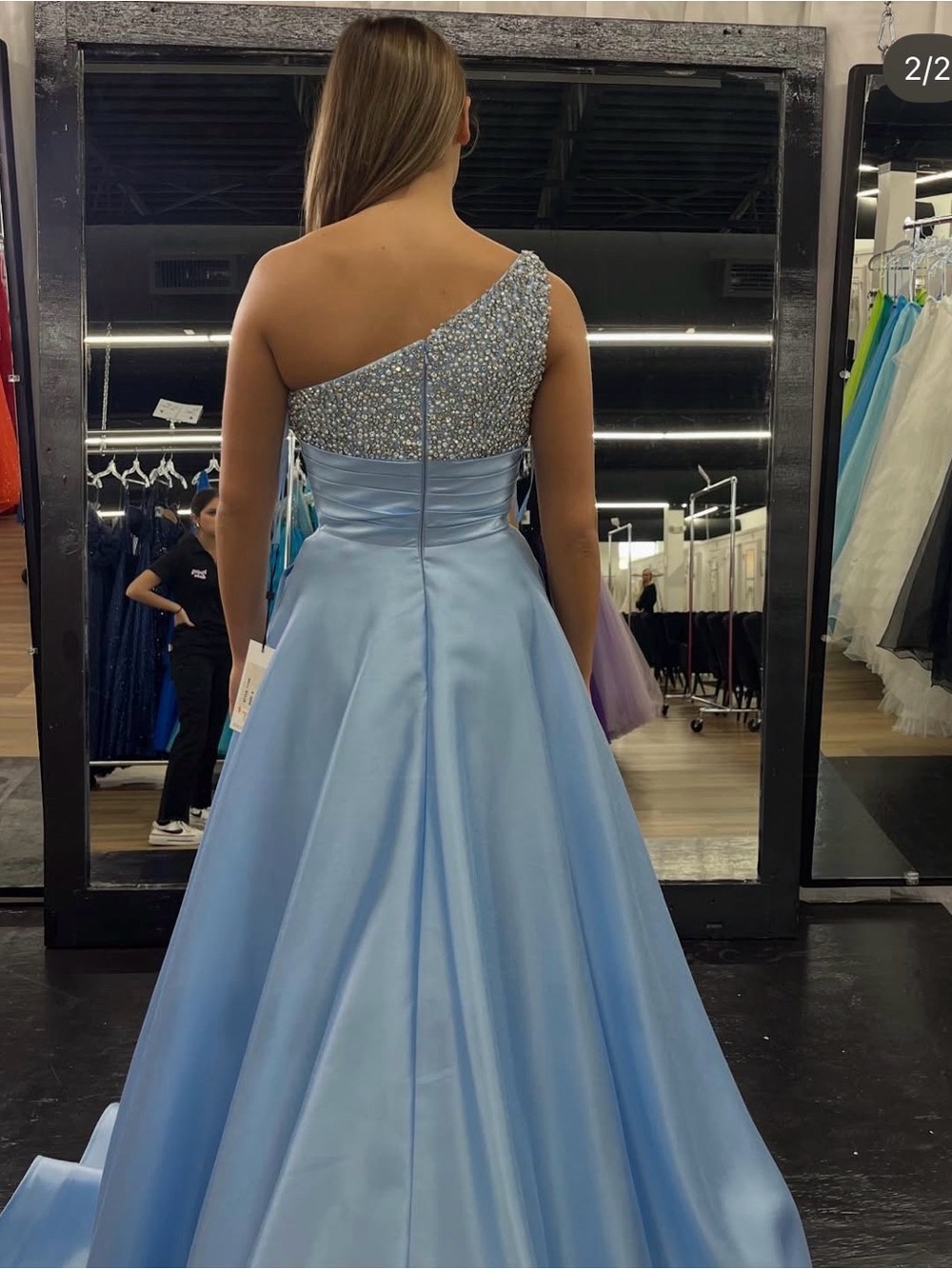 Asymmetric One-Shoulder Light Blue Prom Gown with Beaded Bodice - Picture 2 of 2